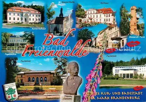 AK / Ansichtskarte 73840120 Bad_Freienwalde Kurmittelhaus Konzerthalle Rathaus Bismarck Turm Karl Marx Strasse Fachklinik Papenmuehle Fontane Bueste Bad_Freienwalde