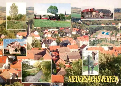 AK / Ansichtskarte Niedersachswerfen Dampflok Fachwerkhaus Waldweg Rathaus Brunnen Panorama Niedersachswerfen