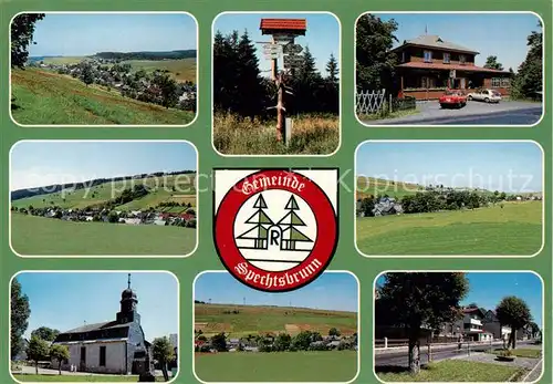 AK / Ansichtskarte Spechtsbrunn Teilansichten Panorama Wegweiser Gasthaus Kirche Strassenpartie Spechtsbrunn