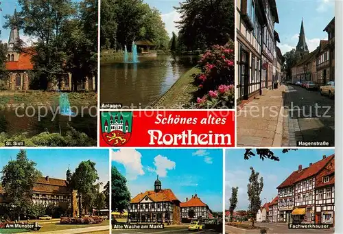 AK / Ansichtskarte Northeim St Sixti Anlagen Hagenstrasse Am Muenster Alte Wache am Markt Fachwerkhaeuser Northeim