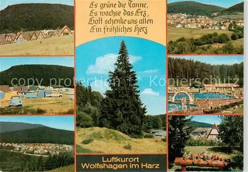 AK / Ansichtskarte Wolfshagen_Harz Ferienhaeuser Panorama Campingplatz Schwimmbad Brunnen Wolfshagen Harz