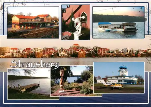 AK / Ansichtskarte Strausberg_Brandenburg Bahnhof Skulptur Faehre Panorama Boetzsee Seepromenade Flugplatz Strausberg Brandenburg