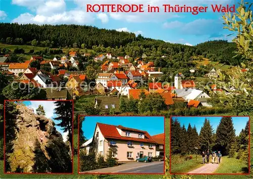 AK / Ansichtskarte 73840521 Rotterode Ortsansicht mit Kirche Blick vom Arzberg Kletterfelsen Koppenstein Gasthof Wandern am Rennsteig Rotterode