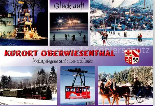 AK / Ansichtskarte Oberwiesenthal_Erzgebirge Weihnachtspyramide Panorama Dampflok Gondelbahn Pferdeschlitten Oberwiesenthal Erzgebirge