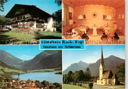 AK / Ansichtskarte Neuhaus_Schliersee Gaestehaus Koegl Gastraum Kirche Panorama Alpen Neuhaus Schliersee