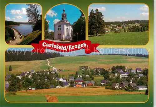 AK / Ansichtskarte Carlsfeld_Erzgebirge Talsperre Weiterswiese Dreifaltigkeitskirche Panorama Carlsfeld Erzgebirge