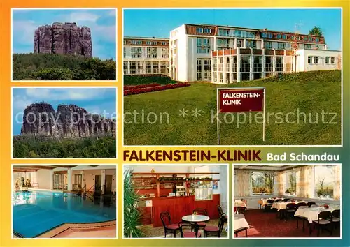 AK / Ansichtskarte 73841663 Bad_Schandau Felsfomationen Falkenstein Klinik Hallenbad Gaststube Speisesaal Bad_Schandau