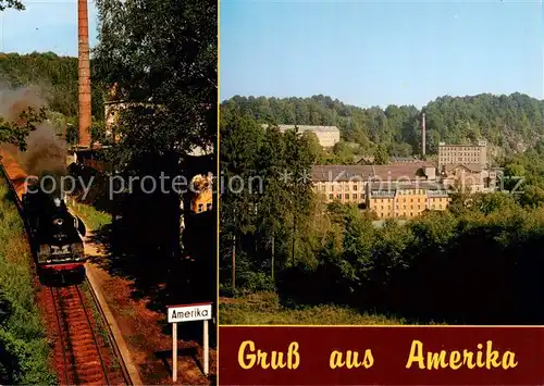 AK / Ansichtskarte 73842913 Penig Haltepunkt mit Muldentalbahn OT Amerika Blick zur ehem Kammgarnspinnerei Penig