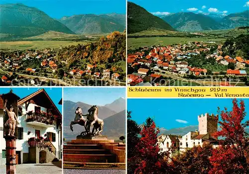 AK / Ansichtskarte 73844136 Schluderns_Suedtirol Panorama Pferdestatue Schloss Alpenpanorama Schluderns Suedtirol