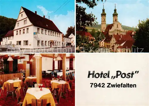 AK / Ansichtskarte 73844198 Zwiefalten_Wuerttemberg Hotel Post Gastraum Kirche Zwiefalten Wuerttemberg