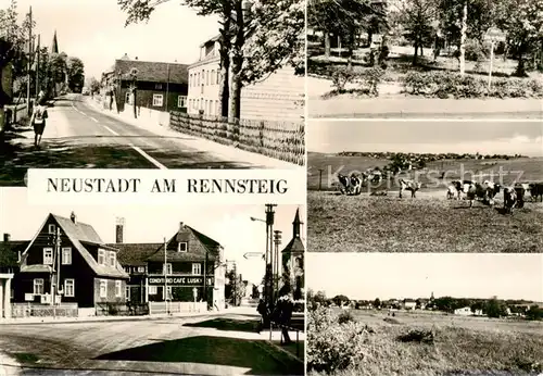 AK / Ansichtskarte Neustadt_Rennsteig Bahnhofstrasse Platz der Einheit Conditorei Cafe Lusky Teilansicht Neustadt_Rennsteig