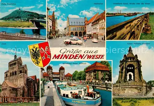 AK / Ansichtskarte Minden__Westfalen_Weser Porta Westfalica Marktplatz Mittellandkanalbruecke Dom Kanal Schleuse Kaiser Wilhelm Denkmal 