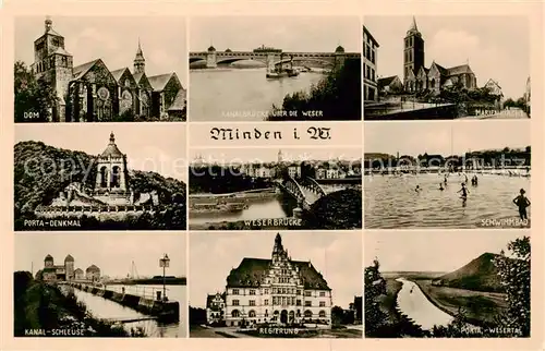 AK / Ansichtskarte Minden__Westfalen_Weser Dom Kanalbruecke ueber die Weser Marienkirche Porta Denkmal Weserbruecke Schwimmbad Kanal Schleuse Regierung Porta Weser 