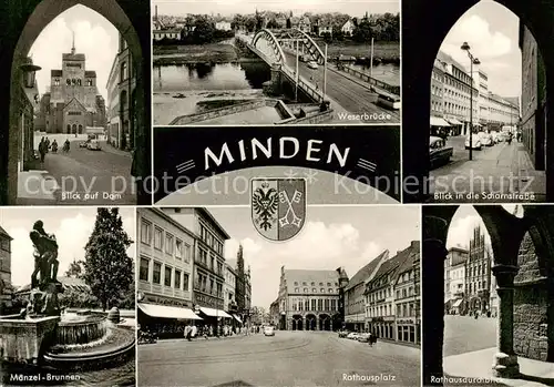 AK / Ansichtskarte 73846770 Minden__Westfalen_Weser Dom Weserbruecke Scharnstrasse Maenzel Brunnen Rathausplatz Rathausdurchblick 