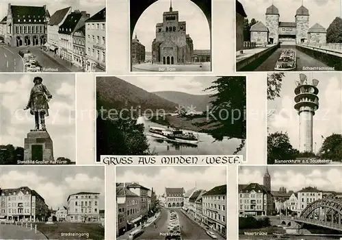 AK / Ansichtskarte Minden__Westfalen_Weser Rathaus Dom Schachtschleuse Standbild Grosser Kurfuerst Bismarckturm Jacobsberg Stadteingang Marktplatz Weserbruecke 