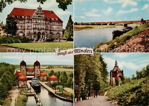 AK / Ansichtskarte Minden__Westfalen_Weser Bundesbahn Zentralamt Schleuse Kanalbruecke Porta Westfalica Kaiser Wilhelm Denkmal 