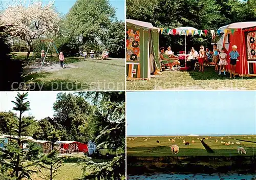 AK / Ansichtskarte 73848464 Neufeld_Dithmarschen Campingplatz Zur Elbmuendung Gasthaus zur Boerse Landschaftspanorama Schafe Neufeld Dithmarschen