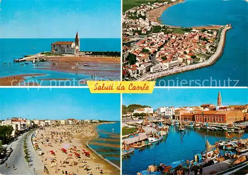 AK / Ansichtskarte 73849079 Caorle_Veneto_IT Kirche Strand Fliegeraufnahme Hafenpartie 