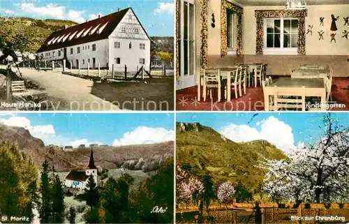 AK / Ansichtskarte 73850861 Leutenbach_Oberfranken Haus Monika Kindergarten St. Moritz Kirche Blick zur Ehrenburg Baumbluete Leutenbach Oberfranken