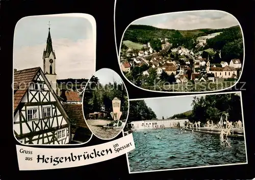 AK / Ansichtskarte 73851778 Heigenbruecken Altstadt Fachwerkhaus Kirche Freibad Panorama Luftkurort Heigenbruecken