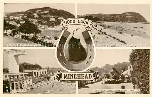 AK / Ansichtskarte 73851891 Minehead_West_Somerset_UK Esplanade and North Hill The Beach Bathing Pool The Castle and Old Yarn Market Dunster 