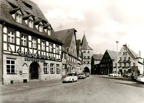 AK / Ansichtskarte 73852158 Lauf_Pegnitz Gasthof Wilder Mann Fachwerkhaus Stadttor Lauf Pegnitz