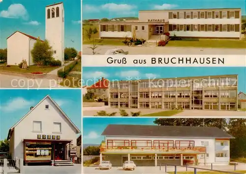 AK / Ansichtskarte 73853082 Bruchhausen_Ettlingen Kirche Lebens Feinkost Schildhorn Rathaus Schule Waldgaststaette FV Allemania 1919 Bruchhausen Ettlingen