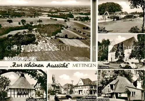 AK / Ansichtskarte 73853894 Mettingen_Westfalen Campingplatz Zur schoenen Aussicht Freibad Ev Kirche Tuoetten Museum Markt mit Michaelsdenkmal Alte Muehle Mettingen_Westfalen