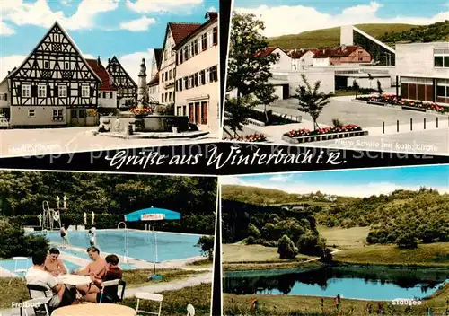 AK / Ansichtskarte 73854250 Winterbach_Remstal_BW Marktbrunnen Neue Schule mit kath Kirche Freibad Stausee 