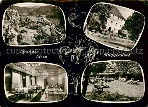 AK / Ansichtskarte 73854750 Muggendorf_Fraenkische_Schweiz Gasthof Goldner Stern Gaststube Liegewiese Panorama Muggendorf_Fraenkische