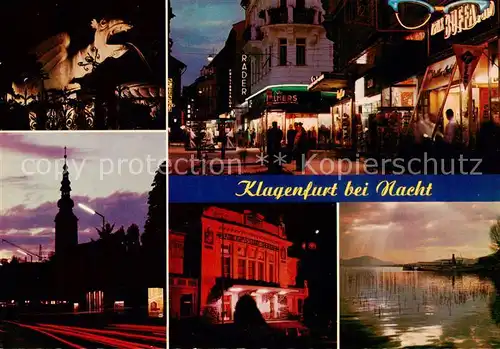 AK / Ansichtskarte 73855131 Klagenfurt_Woerthersee_AT Lindwurmbrunnen Kramergasse Stadtpfarrkirche Landestheater Seepartie bei Nacht 