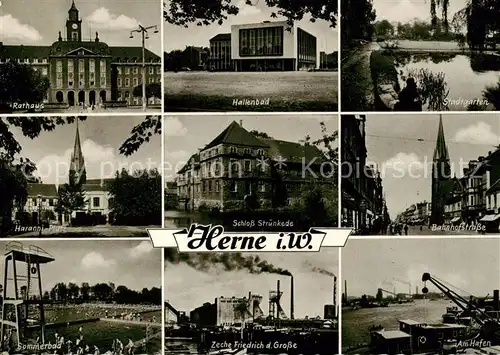 AK / Ansichtskarte 73855306 Herne__Westfalen Rathaus Hallenbad Stadtgarten Motive Zentrum Schloss Struenkede Freibad Zeche Friedrich der Grosse Hafen 