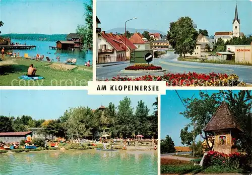 AK / Ansichtskarte 73855784 Klopeinersee_Kaernten_AT Badestrand St Kanzian Kirche Seepartie Bildstock 