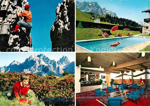 AK / Ansichtskarte 73856316 Sexten_Sesto_Suedtirol_IT Hotel Kreuzbergpass Swimming Pool Bergsteiger Monte Croce 