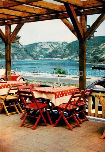 AK / Ansichtskarte 73856801 St_Goarshausen_Rhein Raststaette Loreley Terrasse Blick auf Burg Katz 