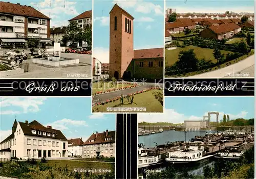 AK / Ansichtskarte Friedrichsfeld_Voerde Marktplatz Brunnen St. Elisabeth Kirche Teilansicht Schleuse 