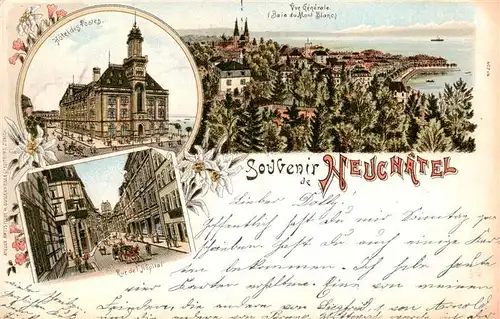 AK / Ansichtskarte  Neuchatel_NE Vue générale Hôtel des Postes Rue de l Hôpital Litho Neuchatel NE