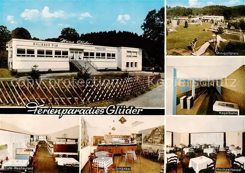 AK / Ansichtskarte 73863505 Glueder_Solingen Cafe Parkrestaurant Haus Glueder Schaenke Minigolfplatz Kegelbahn Hochzeitssaal Glueder Solingen