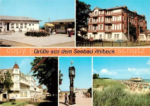 AK / Ansichtskarte 73863669 Ahlbeck_Ostseebad Strandpromenade FDGB Erholungsheime Kur Burger und Bernhard Goering Stranduhr Seebruecke Ahlbeck_Ostseebad