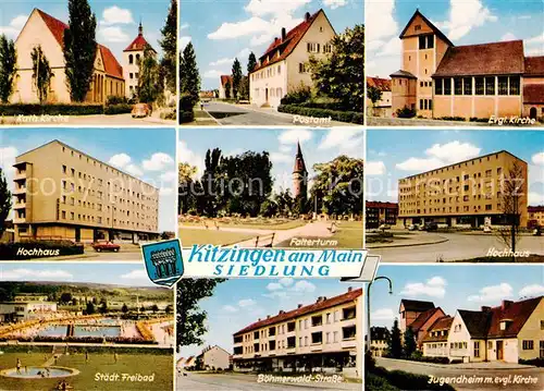 AK / Ansichtskarte 73865258 Kitzingen_Main Kirche Postamt Hochhaus Falterturm Freibad Boehmerwald-Strasse Jugendheim Kitzingen Main