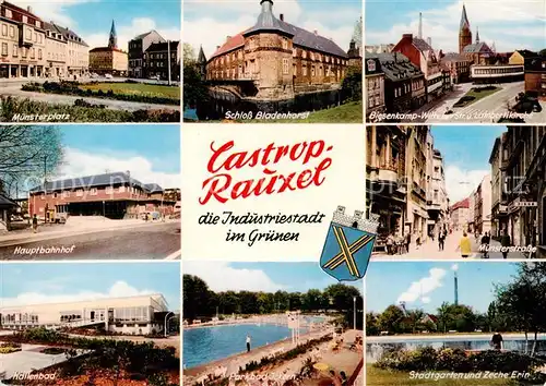 AK / Ansichtskarte 73866079 Castrop-Rauxel Muensterplatz Schloss Bladenhorst Biesenkamp Str und Lambertikirche Hauptbahnhof Muensterstrasse Hallenbad Parkbad Ickern Stadtgarten und Zeche Erin Castrop-Rauxel