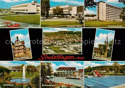 AK / Ansichtskarte 73866163 Sindelfingen IBM und Daimler Benz Firmengebaeude Krankenhaus Rathaus Kirche Stadthalle Rathausplatz Freibad Stadtpanorama Sindelfingen