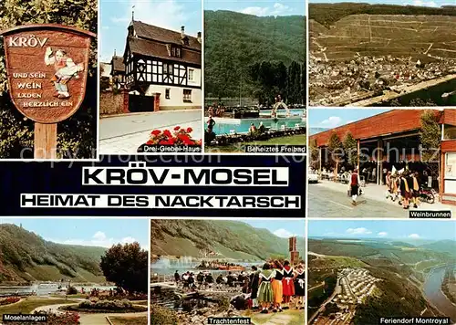 AK / Ansichtskarte 73866354 Kroev_Croev_Croev_Mosel Heimat des Nacktarsch Drei-Giebel-Haus Weinbrunnen Trachtenfest Moselanlagen Freibad Feriendorf Montroyal Luftbild 