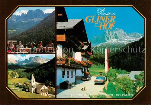 AK / Ansichtskarte 73866473 Tiers_Tires_Rosengarten_Trento_IT Pension Gliner Hof Terrasse Kirche 