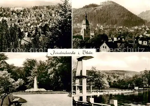 AK / Ansichtskarte 73868029 Friedrichroda Panorama Kirche Fontaene Schwimmbad Friedrichroda