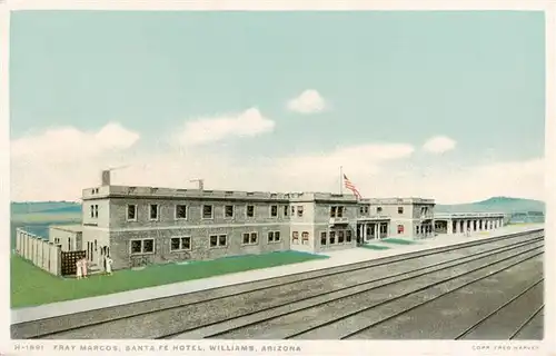 AK / Ansichtskarte 73869605 Williams_Arizona_USA Station Hotel Fray Marcos Illustration 