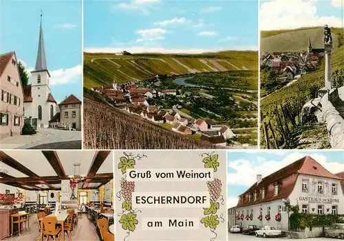 AK / Ansichtskarte 73872124 Escherndorf_Volkach Panorama Weinberge Motiv mit Kirche Gasthaus zur Krone Restaurant 