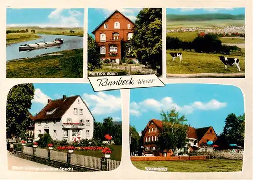 AK / Ansichtskarte 73872184 Rumbeck_Grafschaft_Schaumburg_Weser Frachter Pension Baum Panorama Pensionshaus Specht Weserkrug 