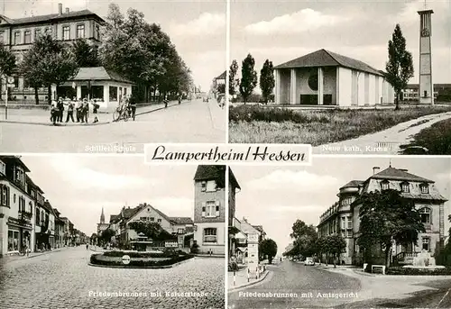 AK / Ansichtskarte 73873899 Lampertheim_Bergstrasse Schiller-Schule Katholische Kirche Friedensbrunnen Kaiserstrasse Amtsgericht Lampertheim_Bergstrasse