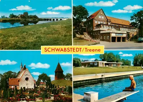 AK / Ansichtskarte 73879308 Schwabstedt Treenepartie Gasthaus Kirche Schwimmbad Schwabstedt